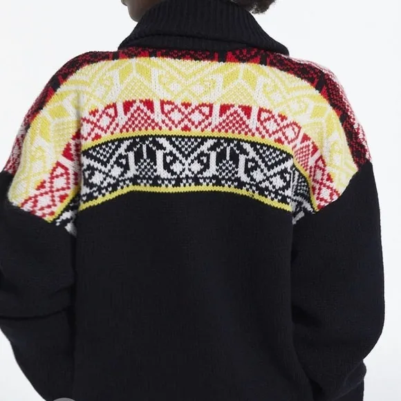 THE KOOPLES sweater cardigan black red yellow XL patterned knit fisherman wool