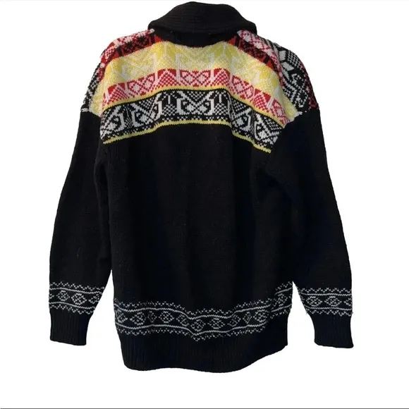 THE KOOPLES sweater cardigan black red yellow XL patterned knit fisherman wool