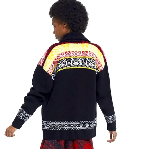 THE KOOPLES sweater cardigan black red yellow XL patterned knit fisherman wool