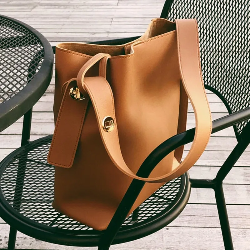 themeisles Women Fashion Bucket Bag Women's Simple Style PU Leather Shoulder Bag Handbags Female Casual Black/brown Color Bags Large Totes