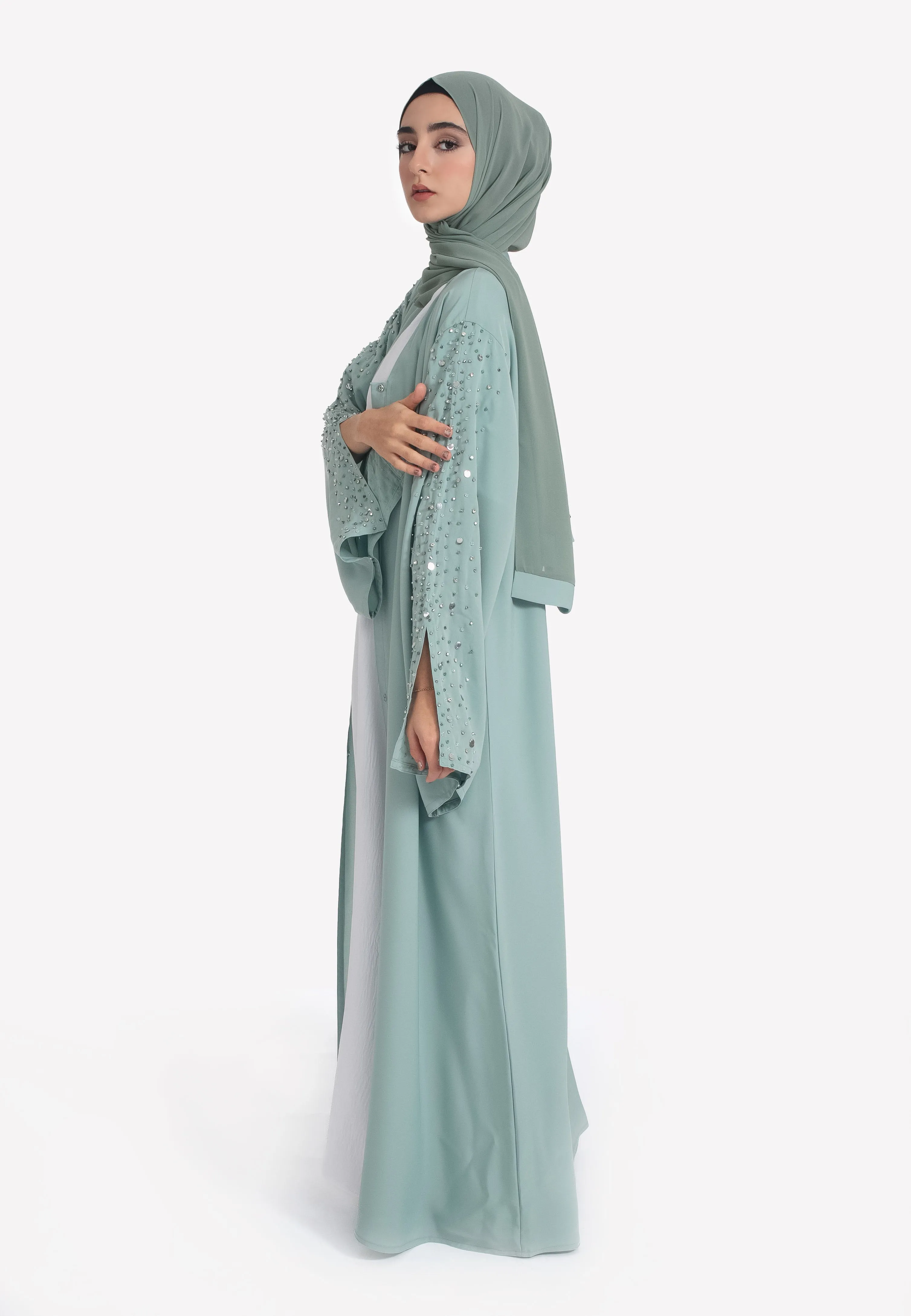 Tiffany Blue Embellished Open Abaya