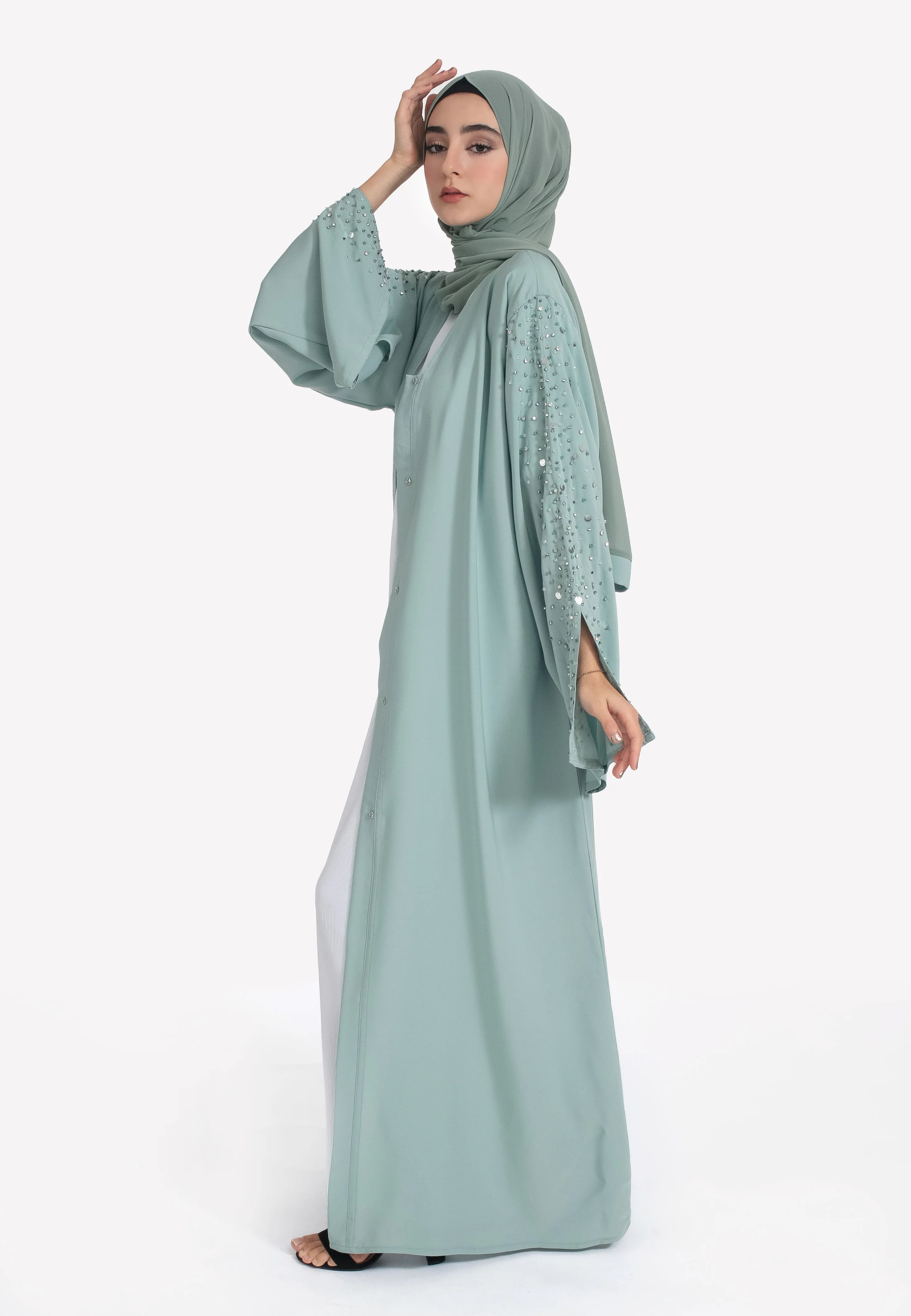 Tiffany Blue Embellished Open Abaya