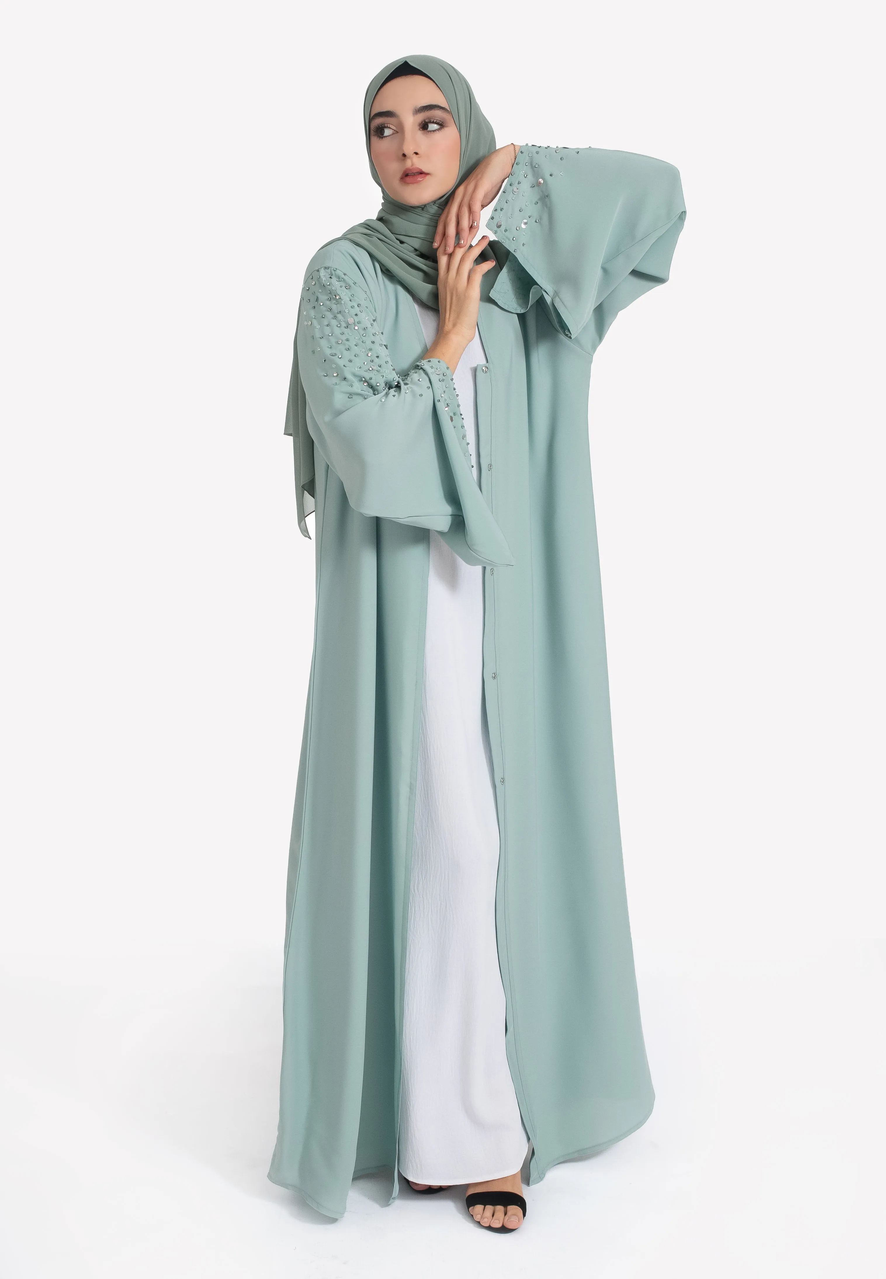 Tiffany Blue Embellished Open Abaya