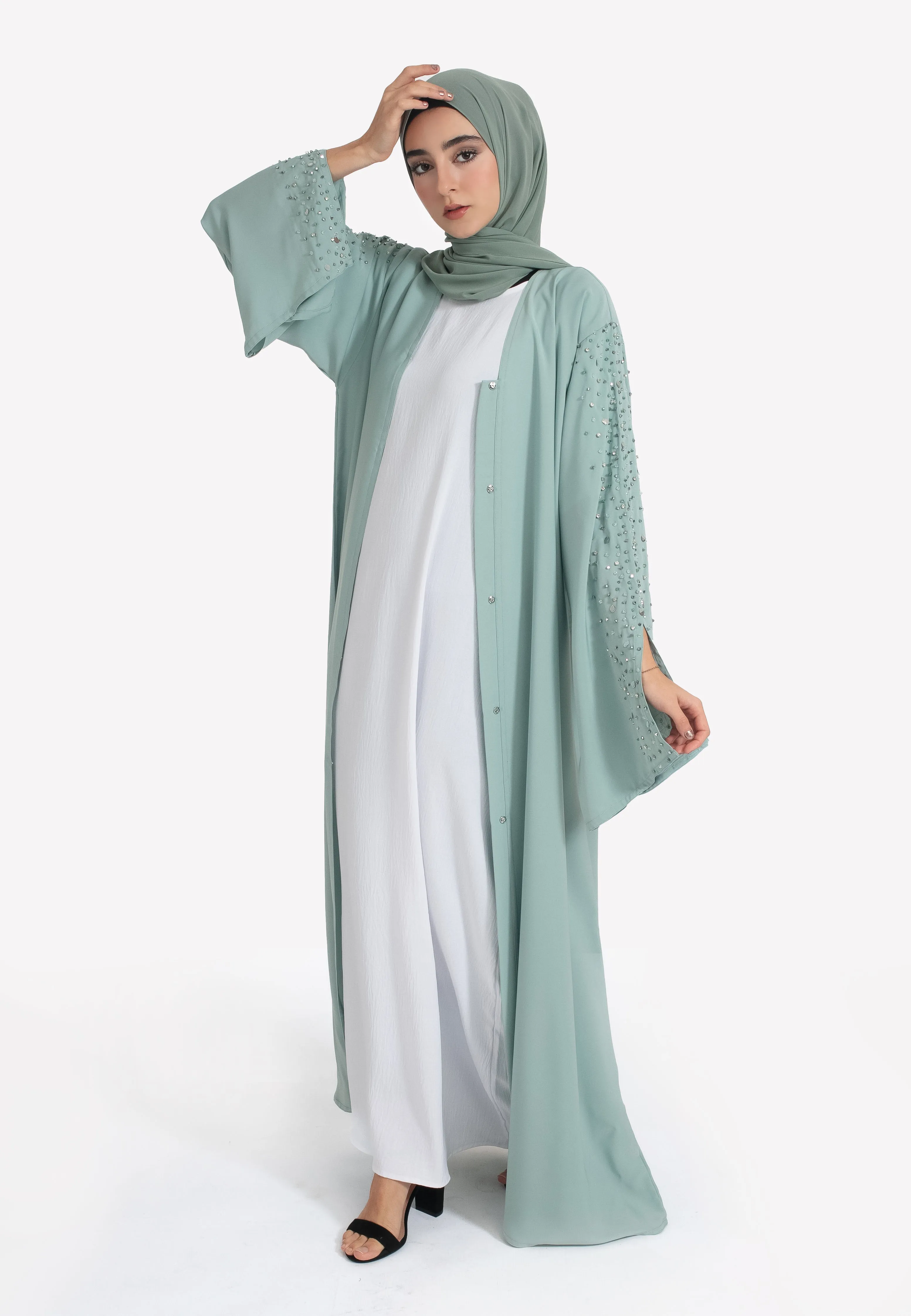 Tiffany Blue Embellished Open Abaya