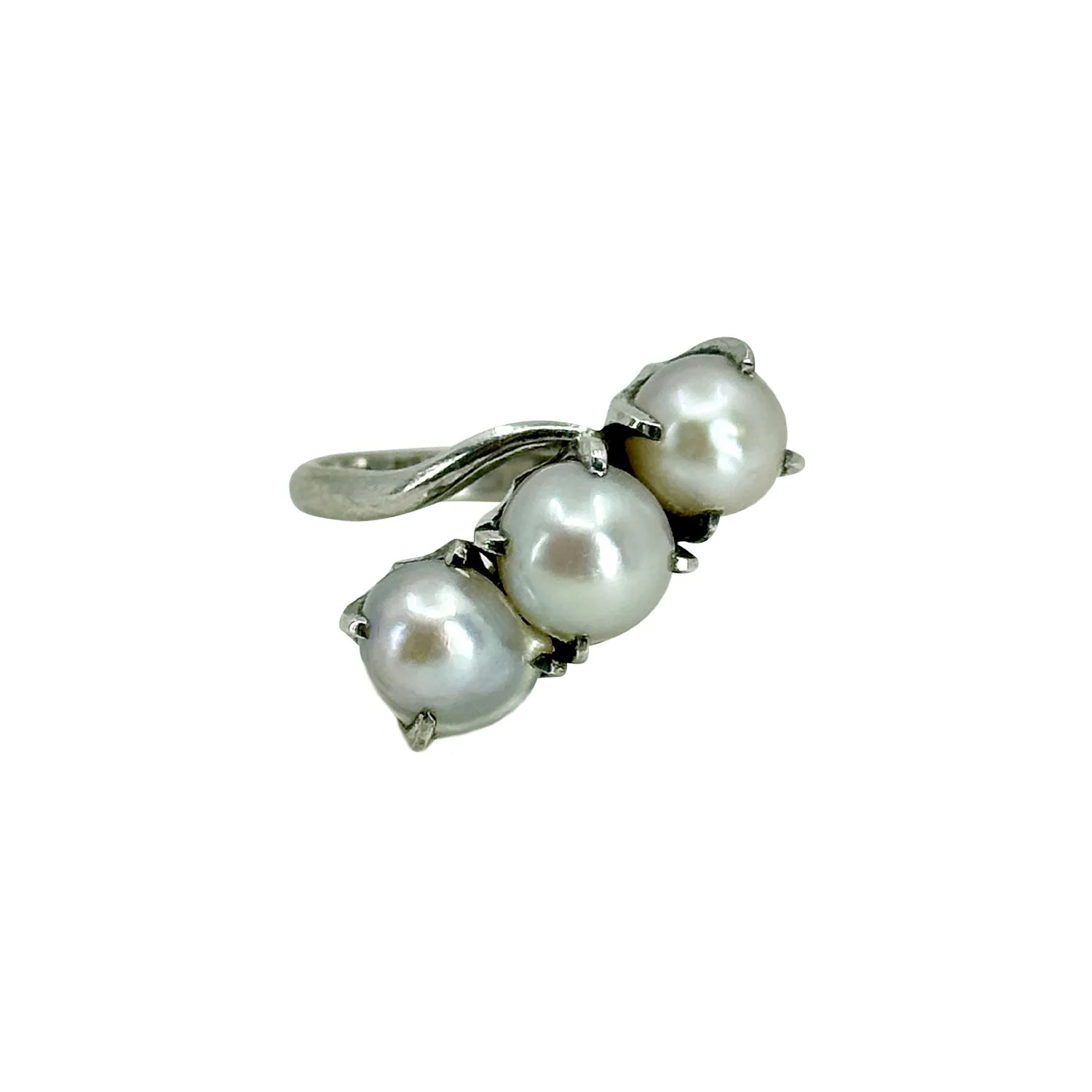 Triple Baroque Blue Japanese Saltwater Akoya Cultured Pearl Claw Prong Ring- Sterling Silver Sz 6