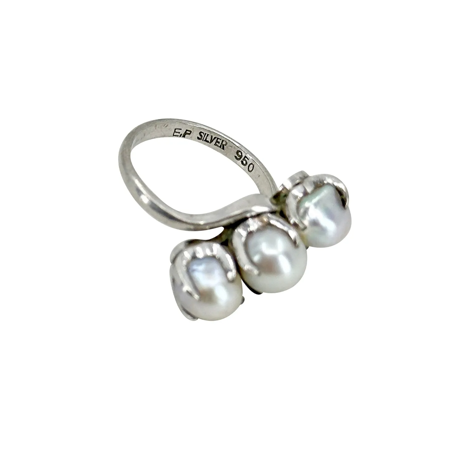 Triple Baroque Blue Japanese Saltwater Akoya Cultured Pearl Claw Prong Ring- Sterling Silver Sz 6
