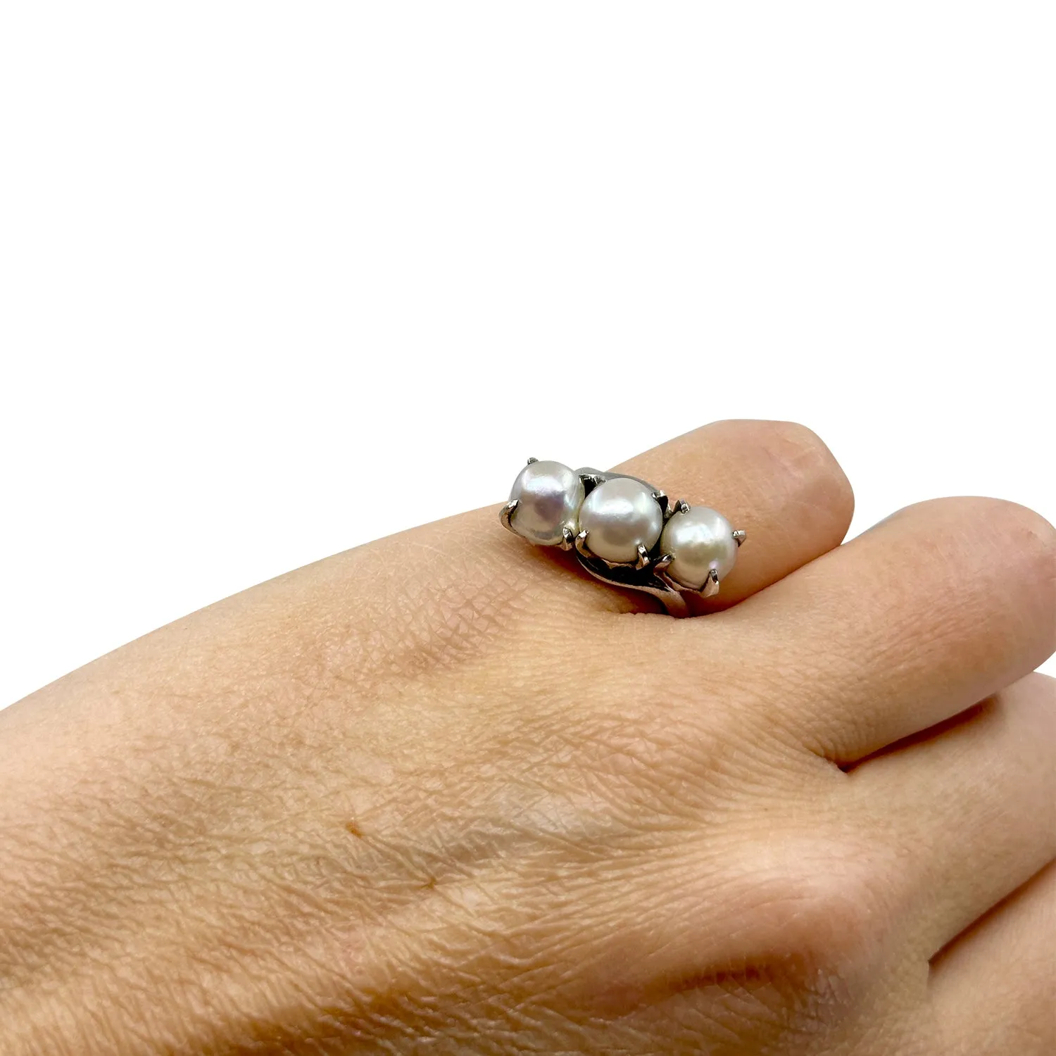Triple Baroque Blue Japanese Saltwater Akoya Cultured Pearl Claw Prong Ring- Sterling Silver Sz 6