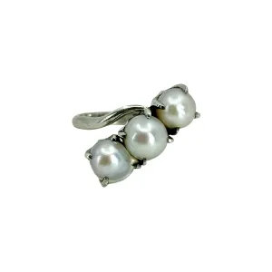 Triple Baroque Blue Japanese Saltwater Akoya Cultured Pearl Claw Prong Ring- Sterling Silver Sz 6