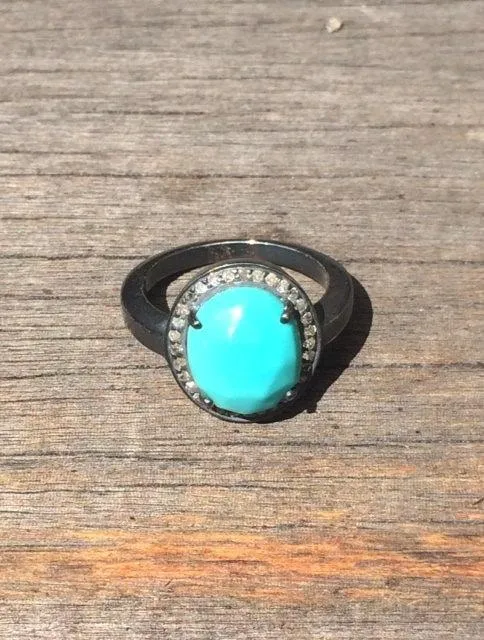 Turquoise and Diamond Oxidized Sterling Silver Ring