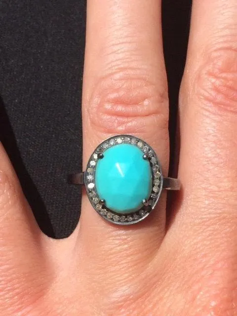 Turquoise and Diamond Oxidized Sterling Silver Ring