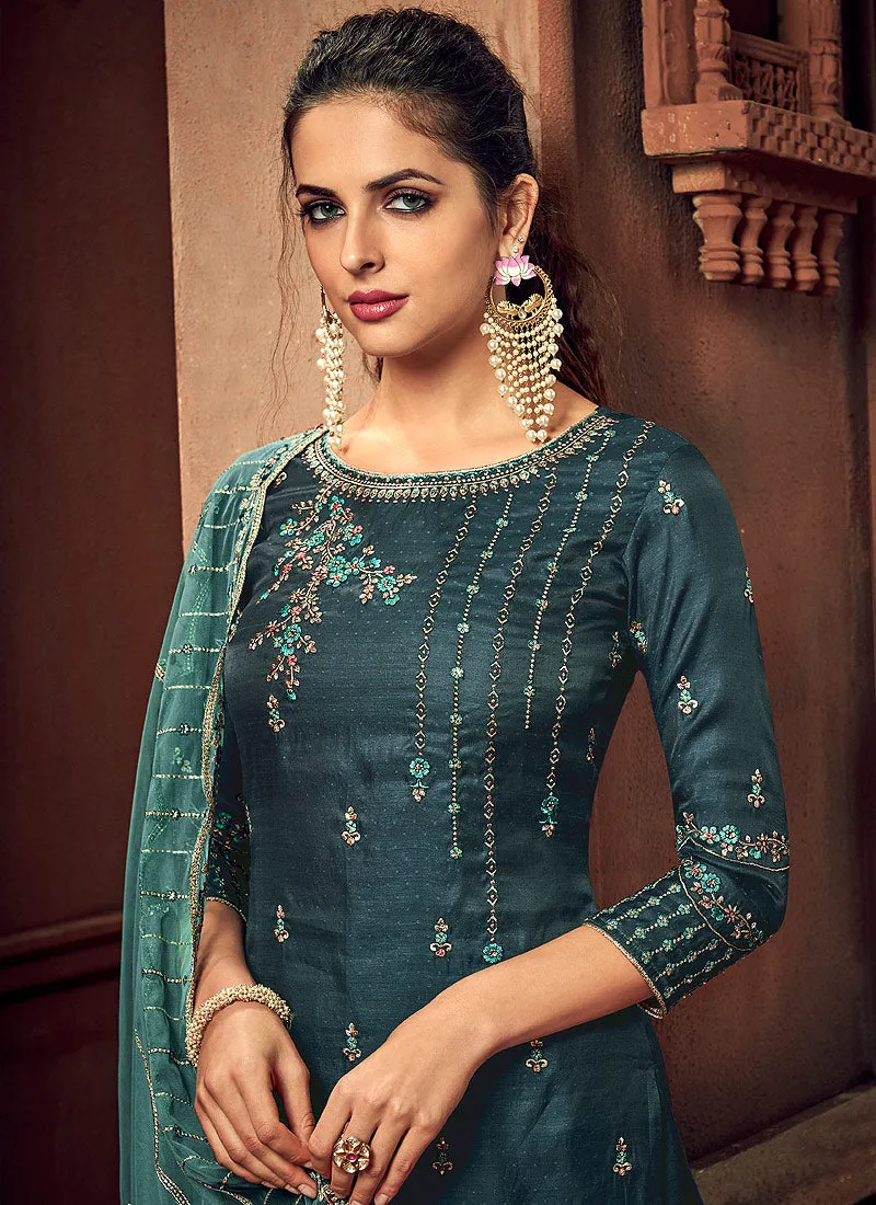 Turquoise Blue Designer Palazzo Suit