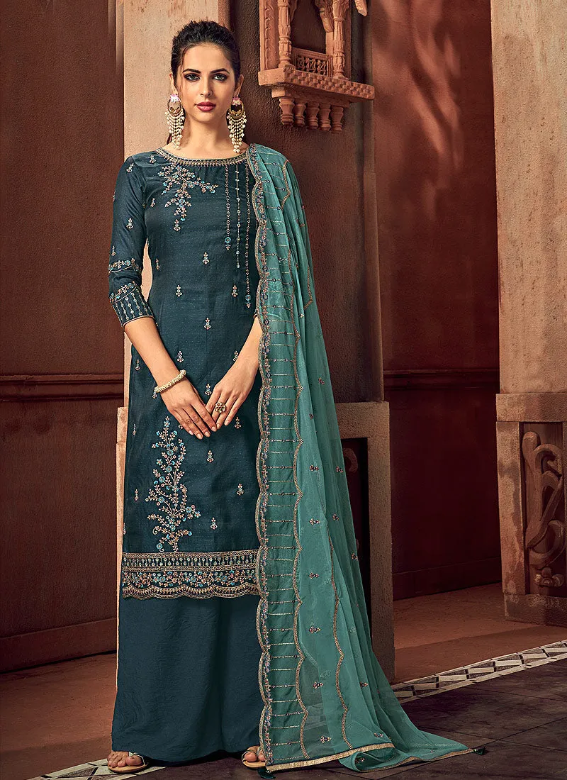 Turquoise Blue Designer Palazzo Suit