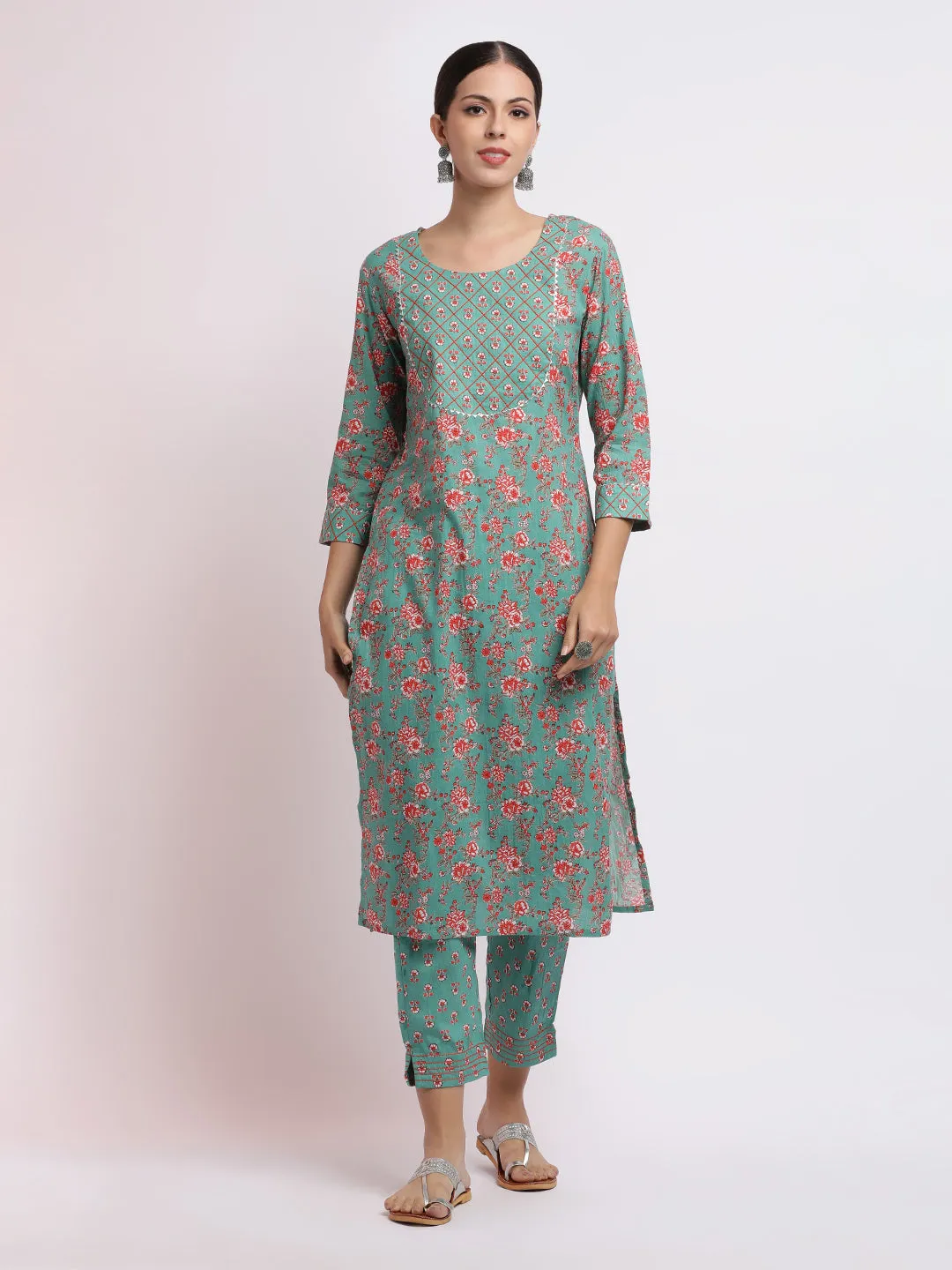 Turquoise Blue Floral Printed Pure Cotton Kurta Set