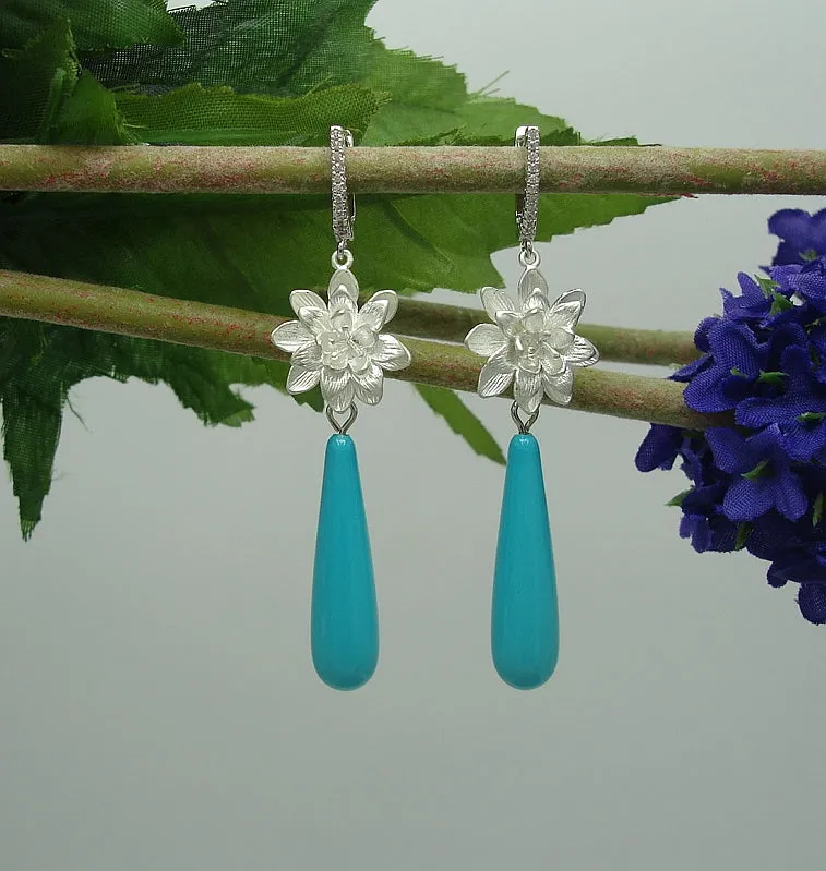Turquoise Shell Pearl Teardrop with Silver Flowers and Cubic Zirconia  Dangle Earrings.