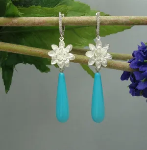 Turquoise Shell Pearl Teardrop with Silver Flowers and Cubic Zirconia  Dangle Earrings.