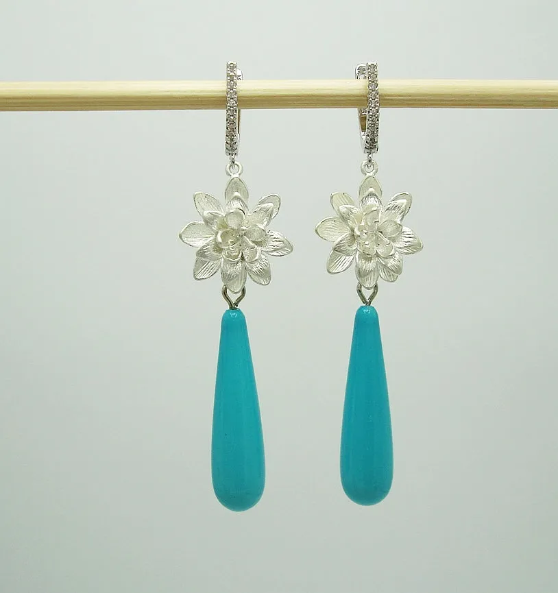 Turquoise Shell Pearl Teardrop with Silver Flowers and Cubic Zirconia  Dangle Earrings.