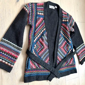 Vintage 80s Bell Sleeved Tie Waist Charcoal Multi Colored Patterned Sweater