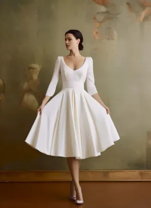 Vintage A-Line V-neck Satin Knee-length Wedding Dress Beach Country Garden Court Simple Elegant Casual Sleeveless-MW_700005