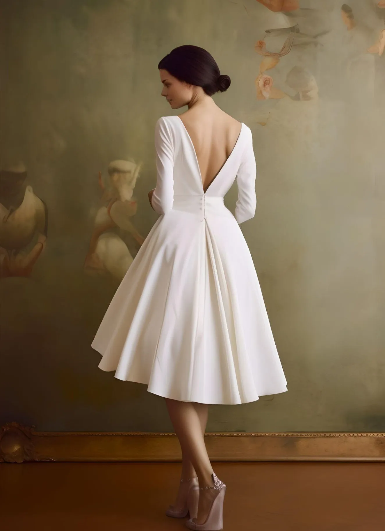 Vintage A-Line V-neck Satin Knee-length Wedding Dress Beach Country Garden Court Simple Elegant Casual Sleeveless-MW_700005