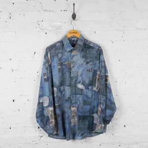 Vintage Abstract Patterned Party Shirt - Blue - XL