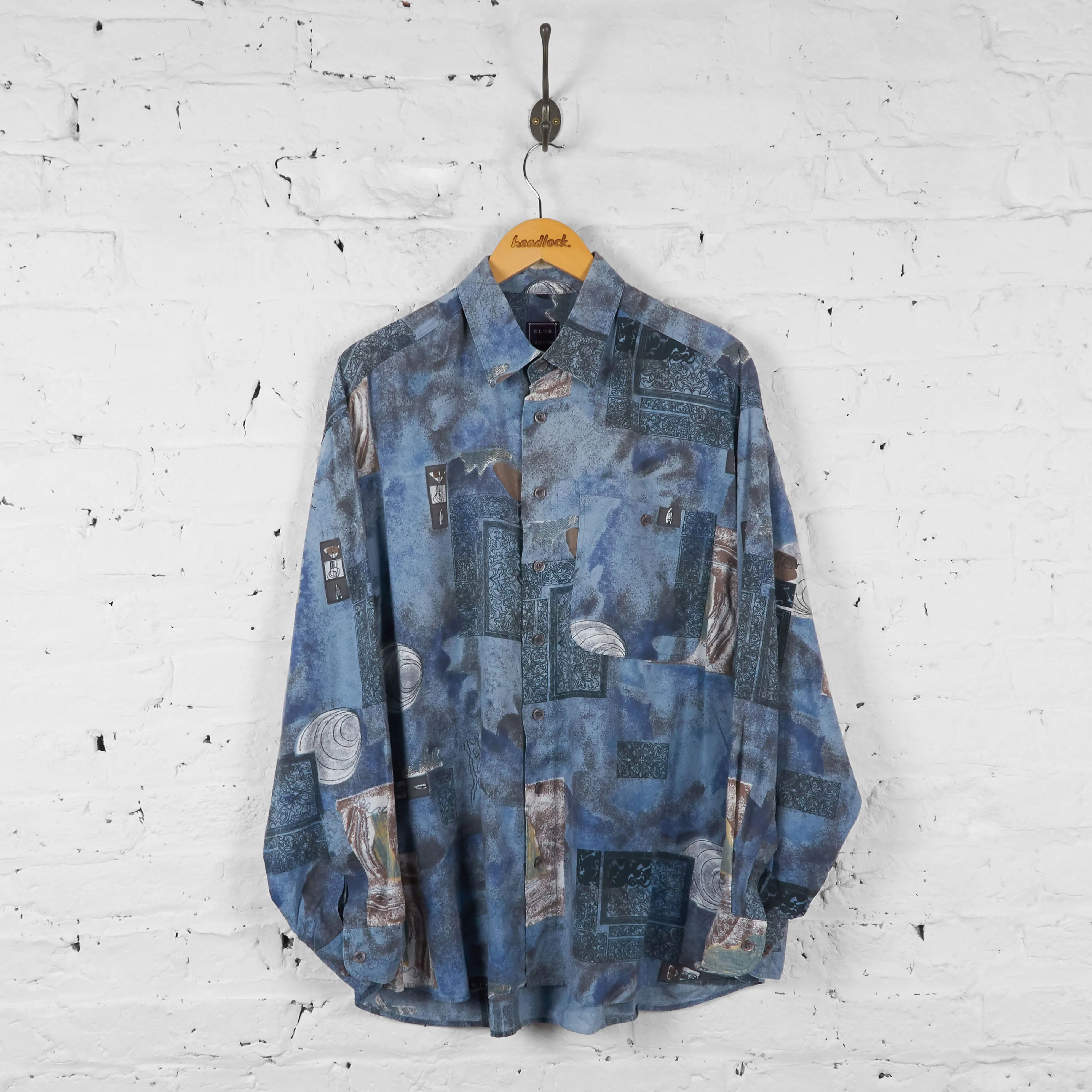 Vintage Abstract Patterned Party Shirt - Blue - XL