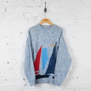 Vintage Hugo Boss Abstract Patterned Jumper - Blue - L