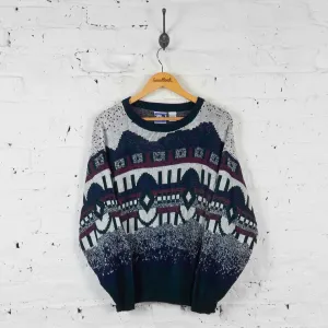Vintage Patterned Knit Jumper - Blue - L