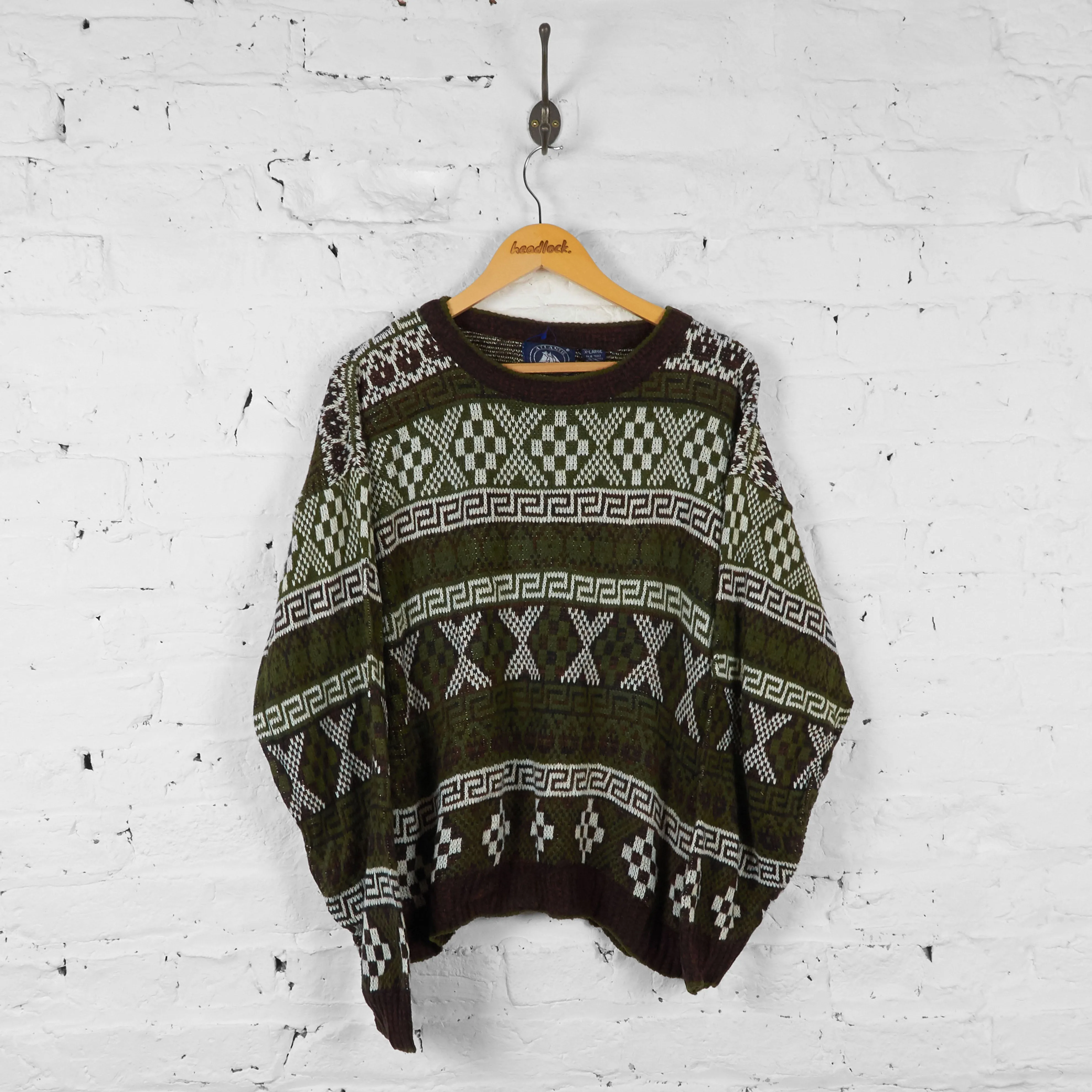 Vintage Patterned Knit Jumper - Green - XL
