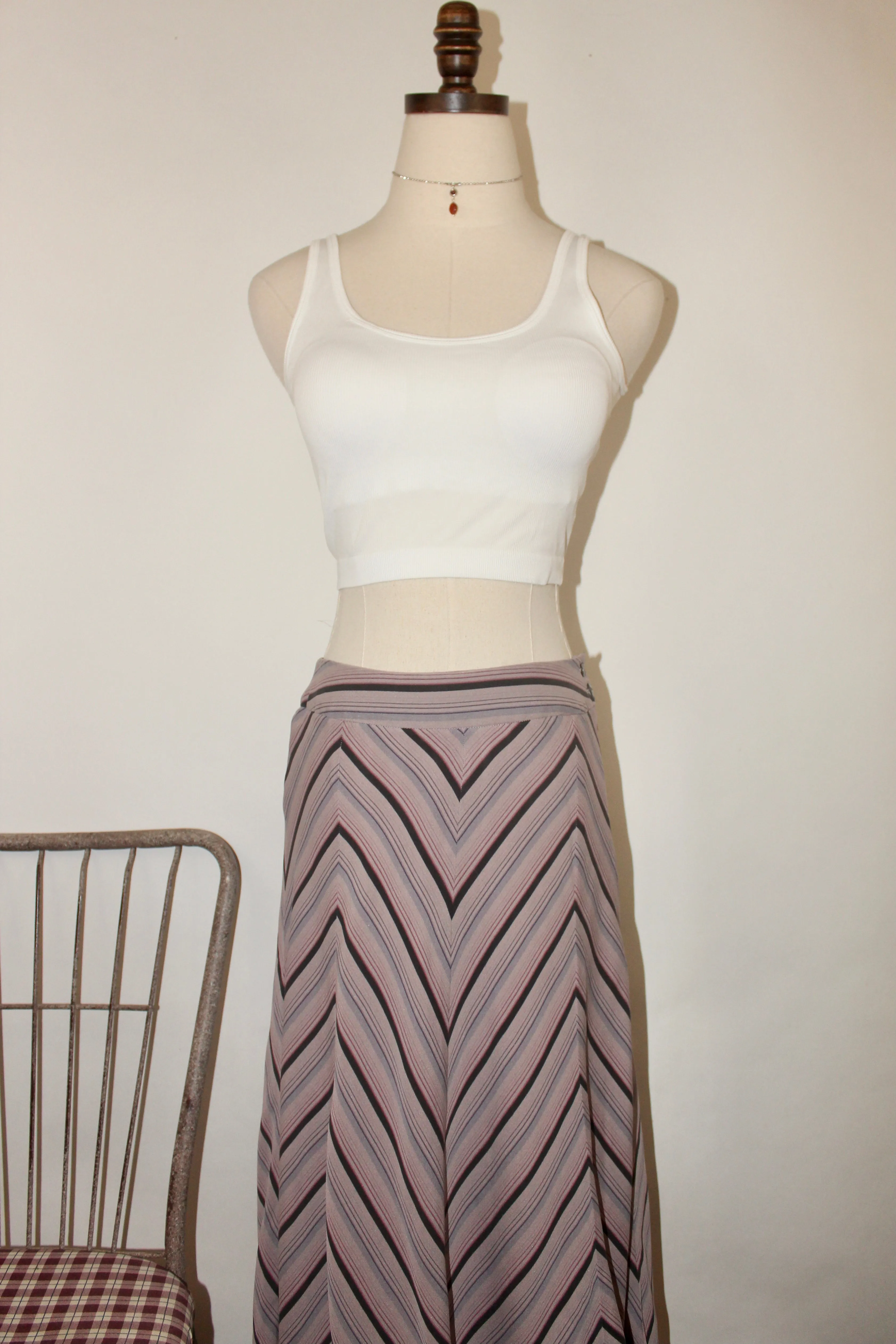 Vintage Retro Diagonal Silk Midi Skirt (S-M)