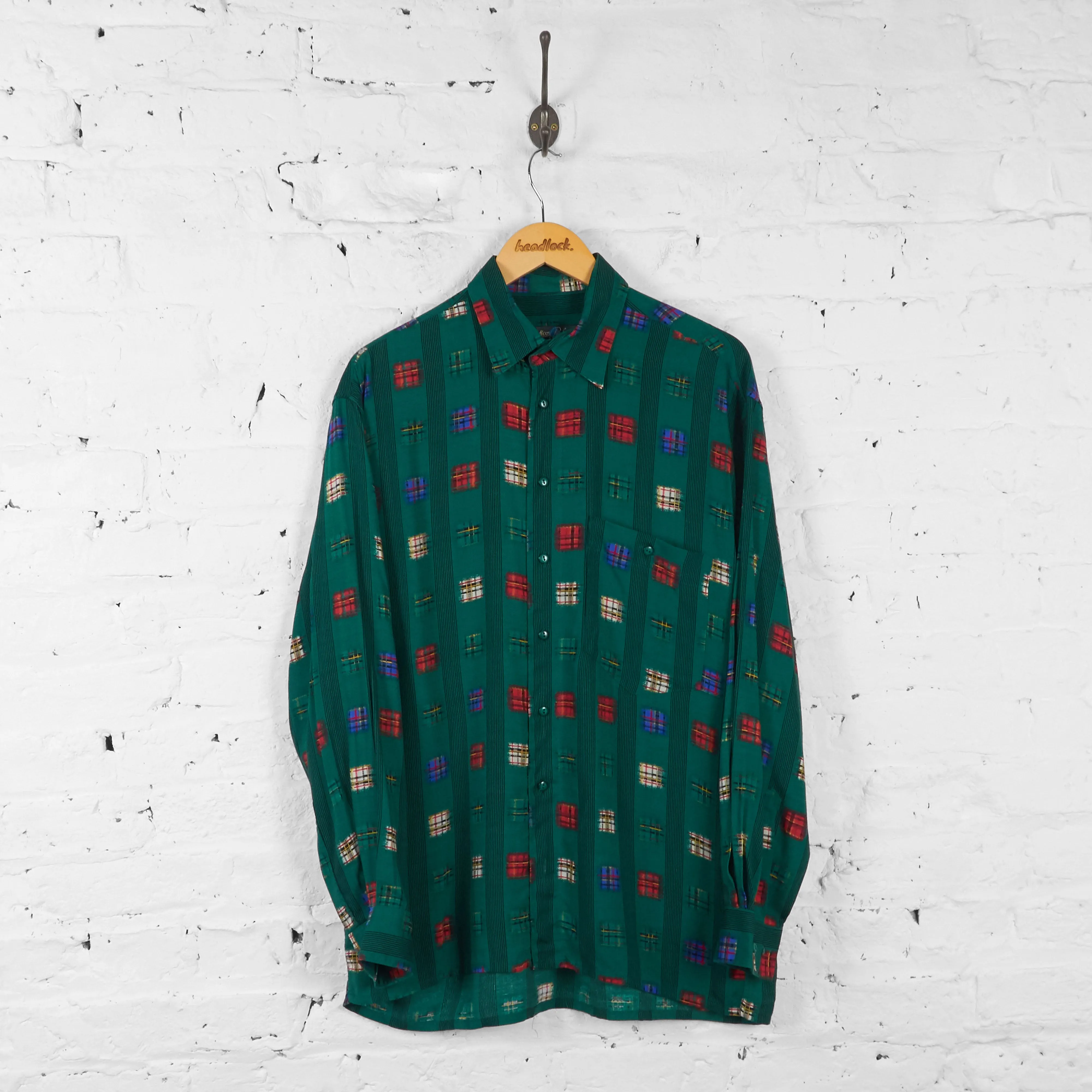 Vintage Tartan Patterned Party Shirt - Green - L
