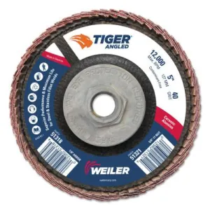 Weiler® Tiger Angled Flap Disc, 5 in Dia, 40 Grit, 5/8 in-11 Arbor, 12000 rpm, 51321