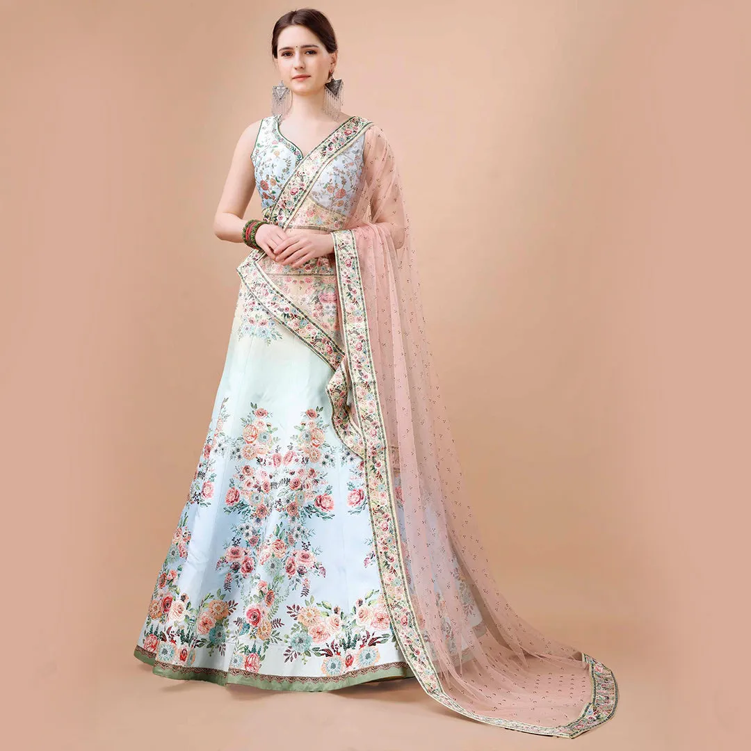 White and Peach Floral Embroidered Lehenga Set