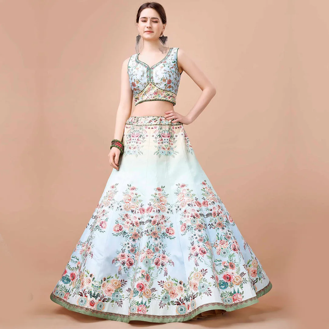 White and Peach Floral Embroidered Lehenga Set