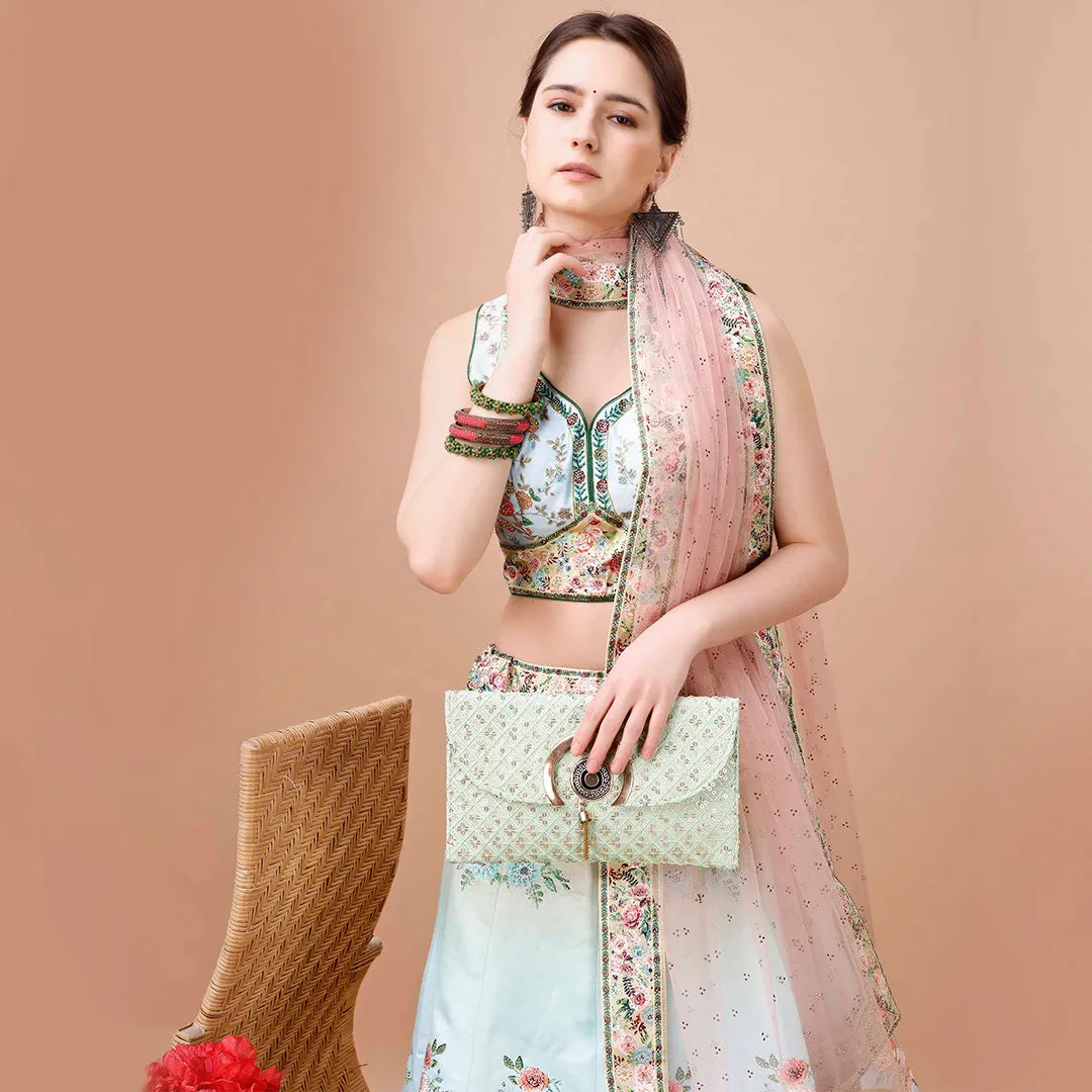 White and Peach Floral Embroidered Lehenga Set