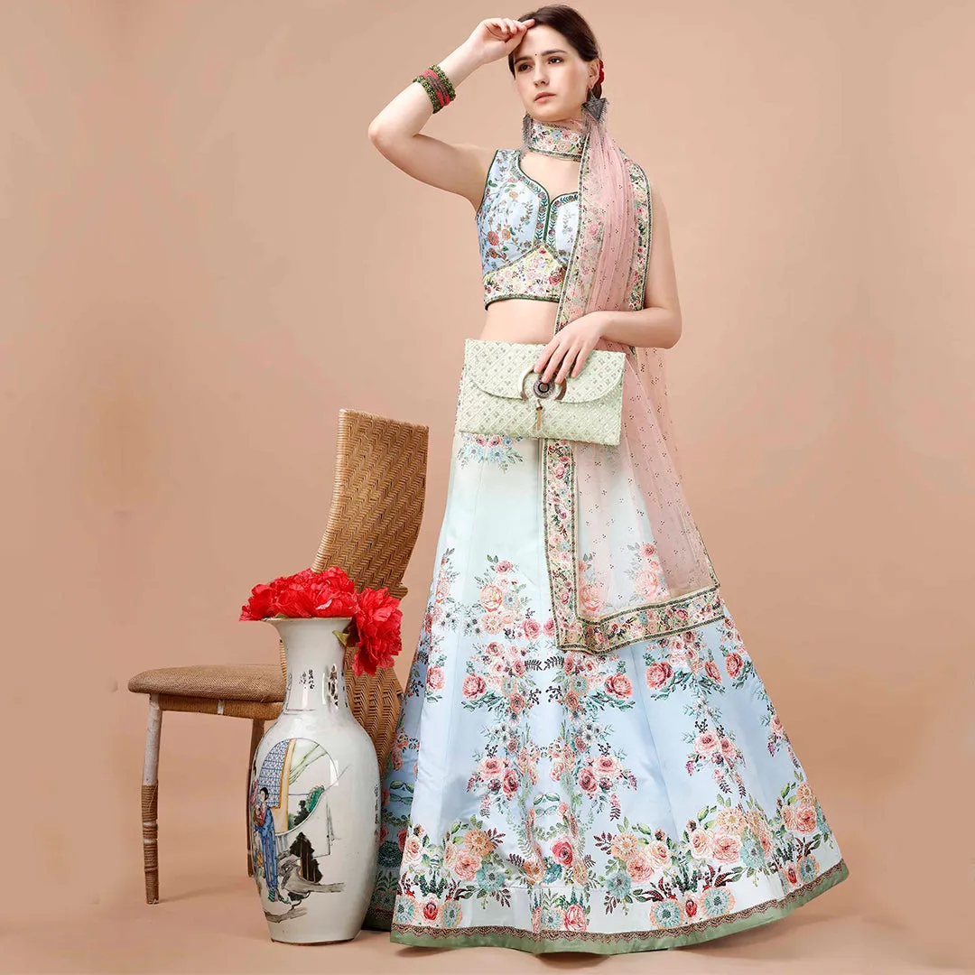 White and Peach Floral Embroidered Lehenga Set