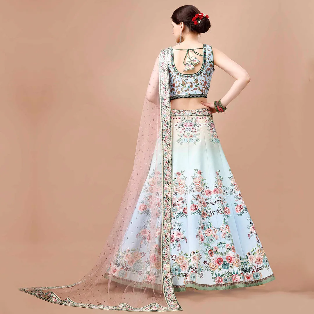 White and Peach Floral Embroidered Lehenga Set