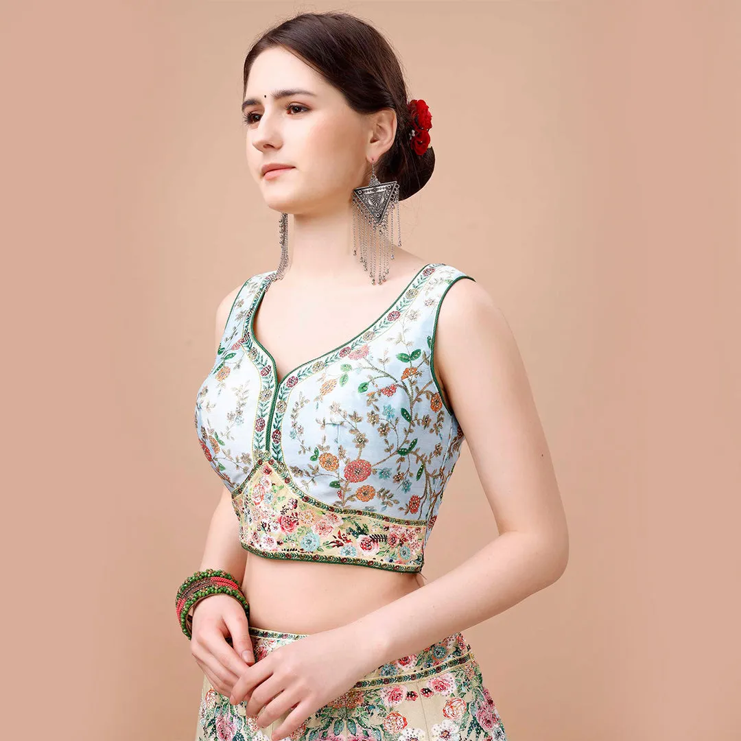 White and Peach Floral Embroidered Lehenga Set