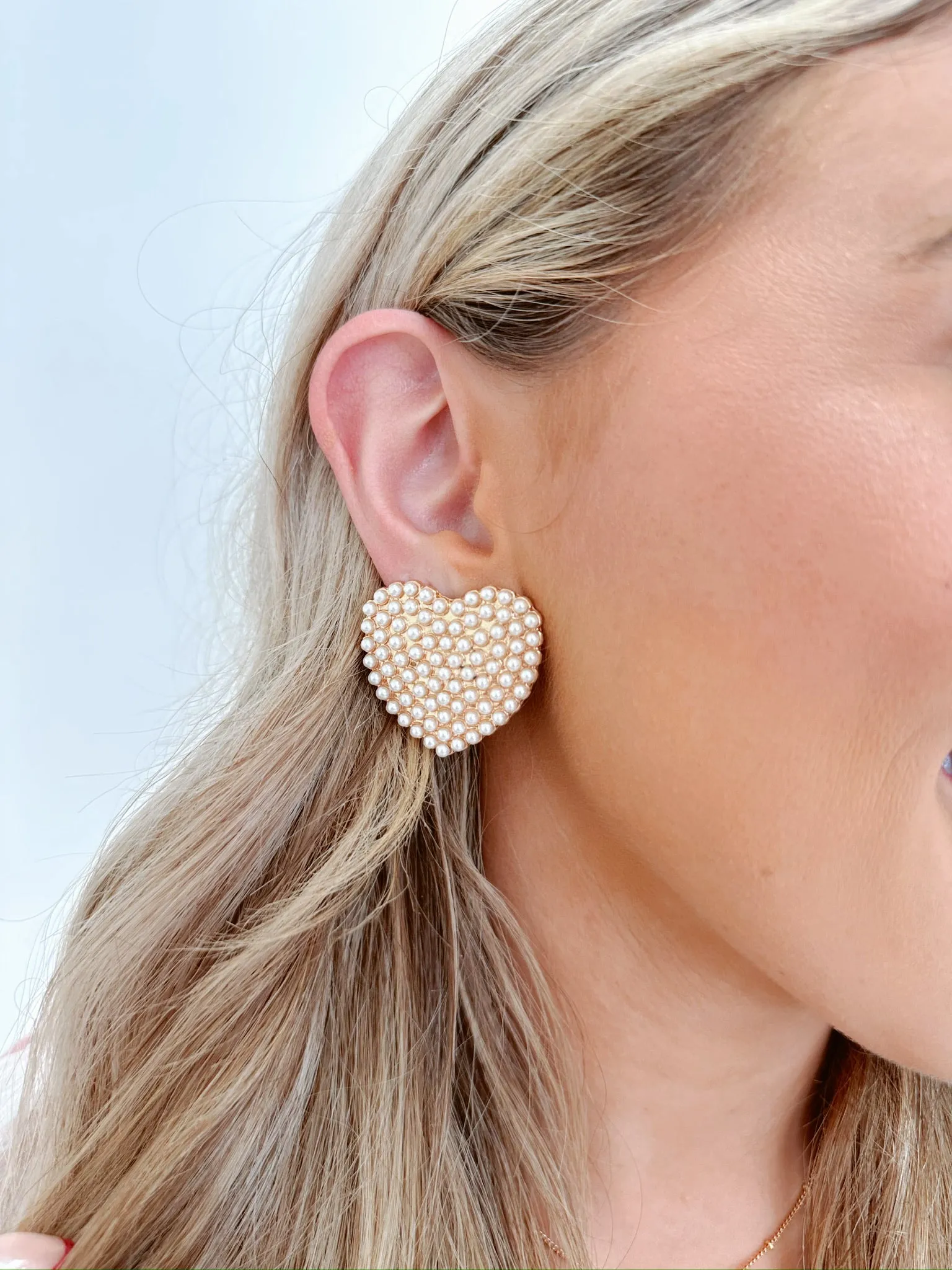 White Beaded Adorned Heart Earrings