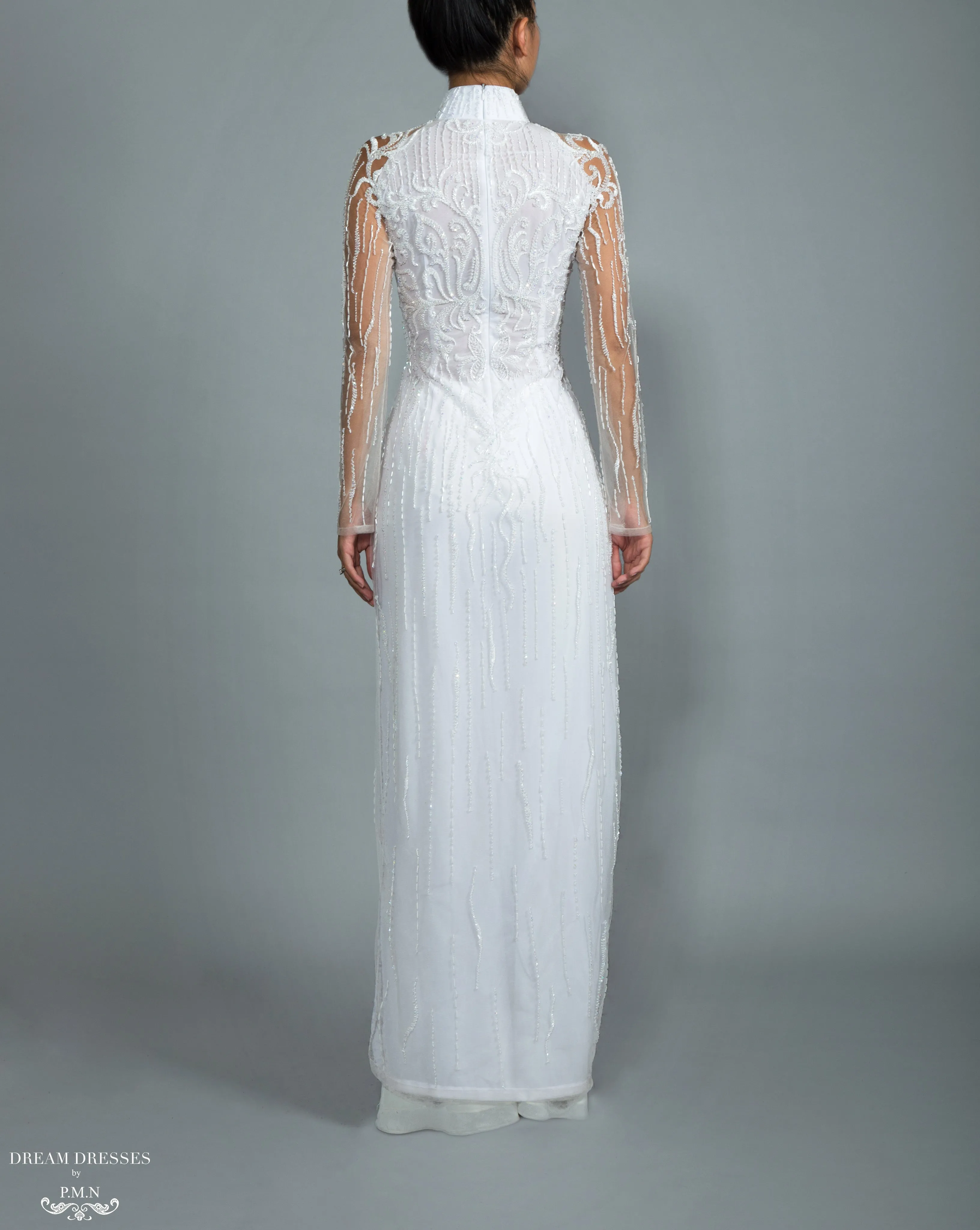 White Bridal Ao Dai | Vietnamese Bridal Dress with Embellishment (#GRACIE)