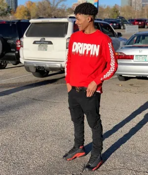 White Drippin | Red Long Sleeve Tee (Solid Checkered Drippin Sleeve)