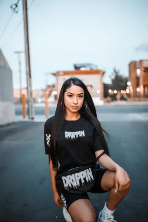 White Drippin (S) | Black Tee (Solid Checkered Drippin Sleeve)