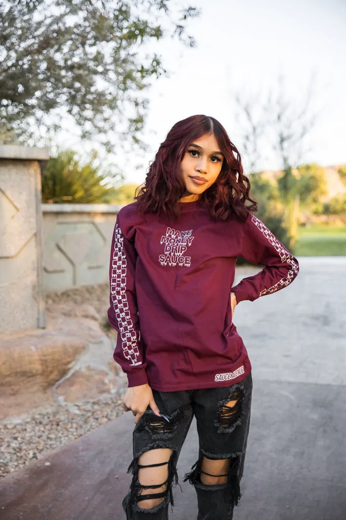 White Outline MMDS  | Maroon Long Sleeve Tee (Outline Checkered Drippin Sleeve)