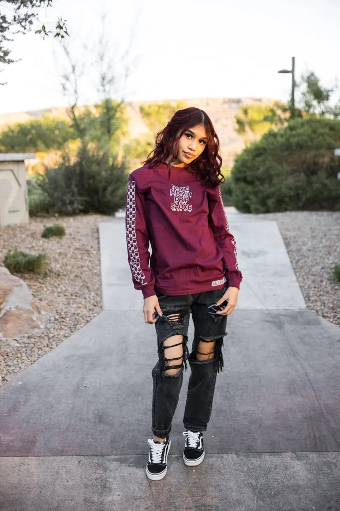 White Outline MMDS  | Maroon Long Sleeve Tee (Outline Checkered Drippin Sleeve)