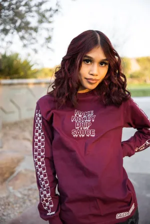 White Outline MMDS  | Maroon Long Sleeve Tee (Outline Checkered Drippin Sleeve)