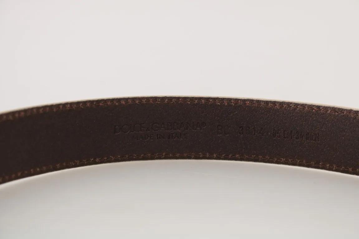 White Patterned Leather Gold Buckle Belt