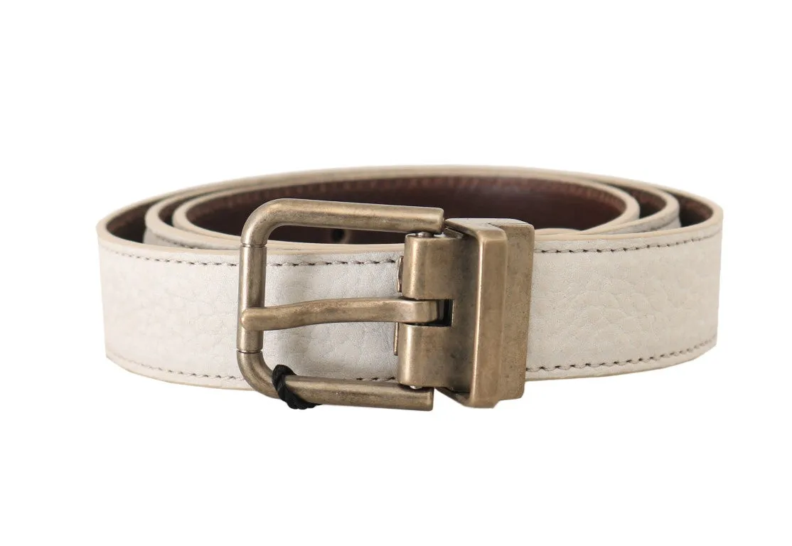 White Patterned Leather Gold Buckle Belt