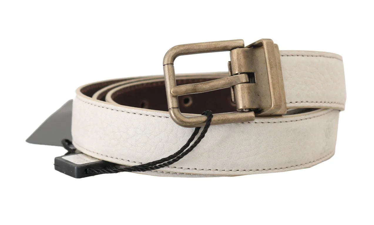 White Patterned Leather Gold Buckle Belt