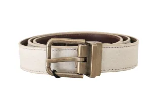 White Patterned Leather Gold Buckle Belt
