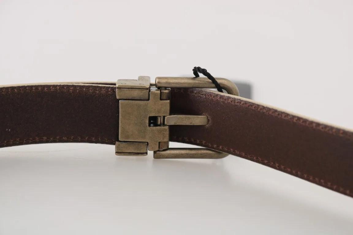 White Patterned Leather Gold Buckle Belt