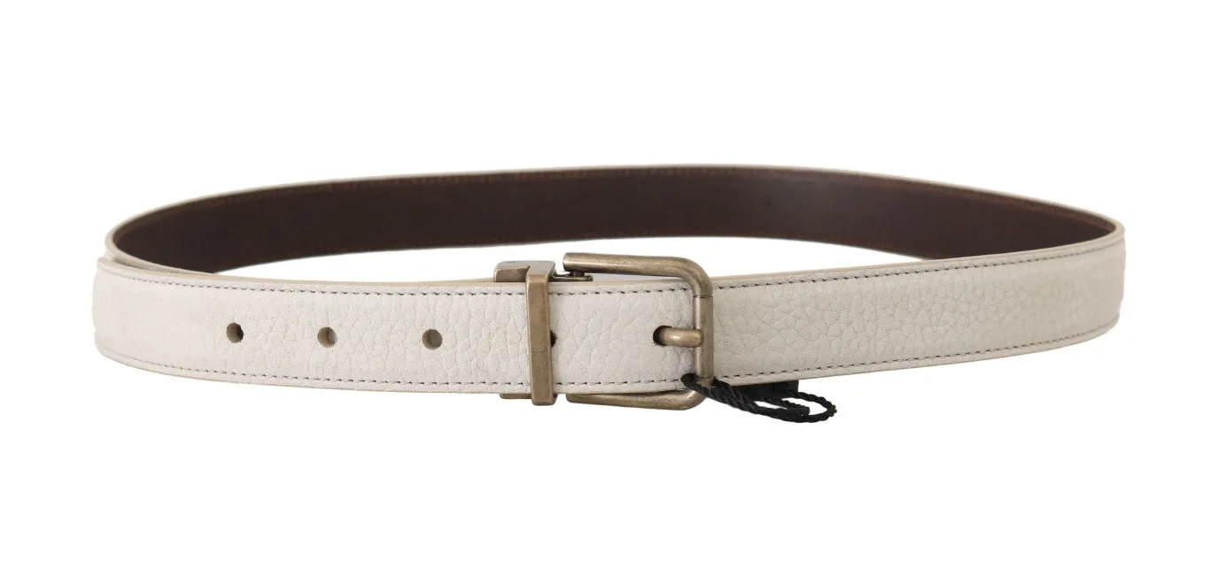 White Patterned Leather Gold Buckle Belt